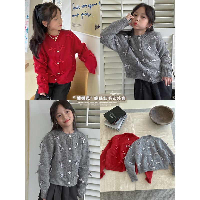 咸蛋小虾米童装2024年秋装新款韩国女童时髦蝴蝶结毛衣外套      