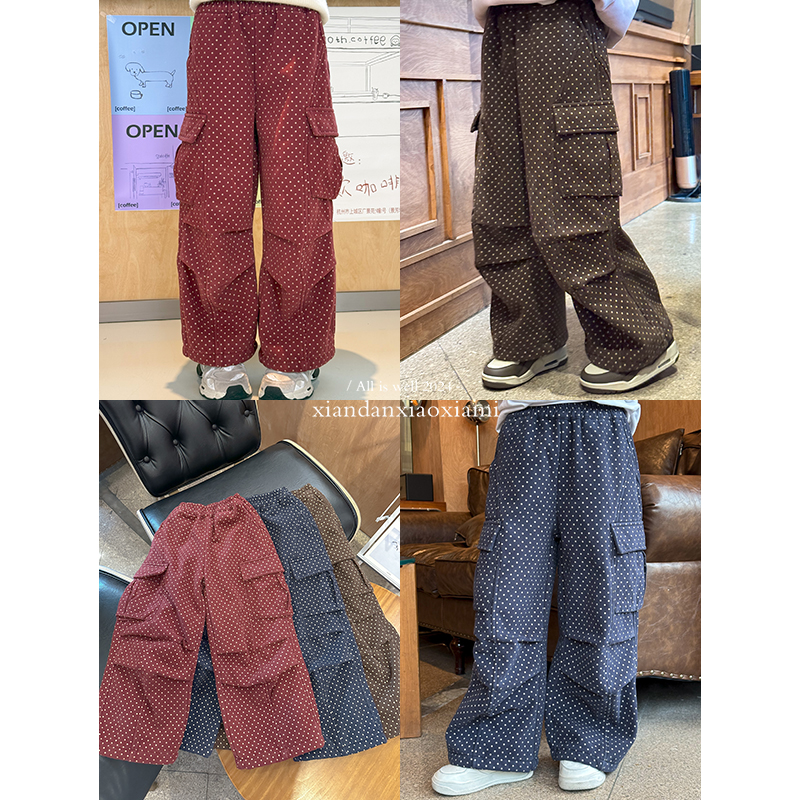 豆豆家 咸蛋虾米2024冬装新款韩国女童加绒波点一体绒休闲工装裤 