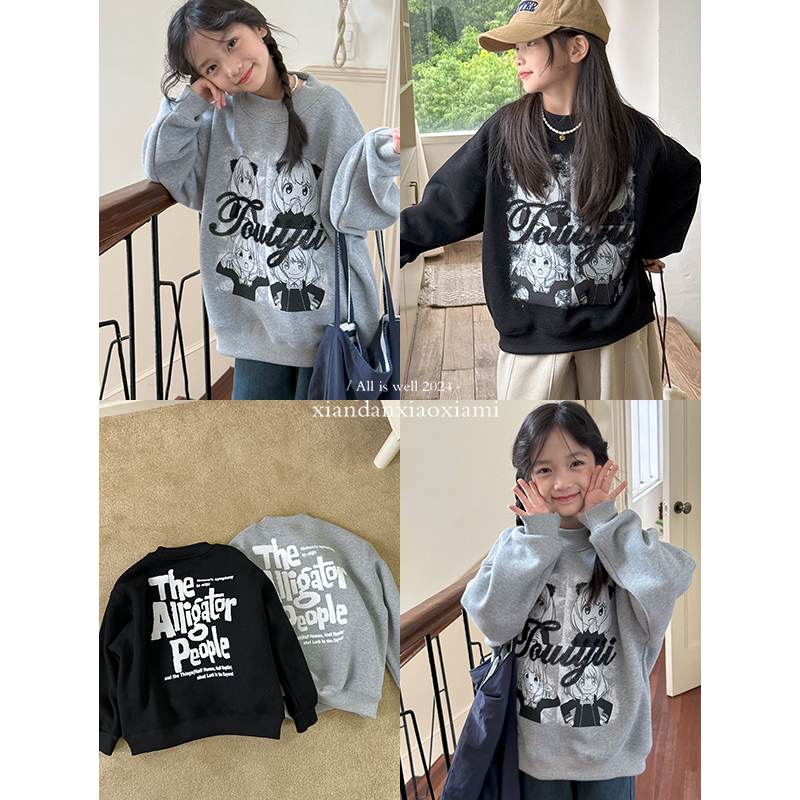 咸蛋小虾米2024年冬装新款韩国女童加绒卡通漫画一体绒卫衣      