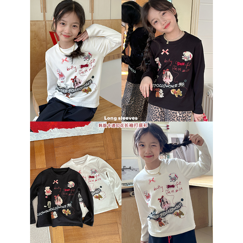 咸蛋小虾米童装2024年秋装新款韩国女童卡通印花打底长袖T恤     