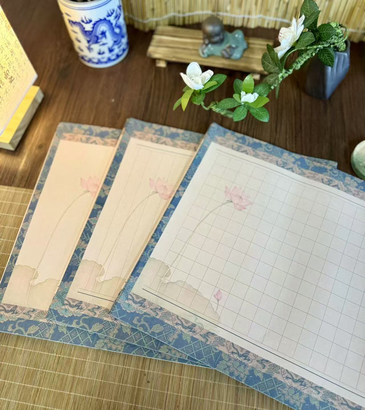 静德斋四尺对开【微喷蜡染一品青莲】小楷行草书宣纸半生熟蜡染宣纸