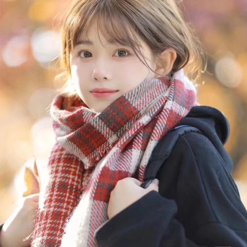 2023韩国东大门双面格子围巾保暖复古圣诞围巾女秋冬季仿羊绒ins