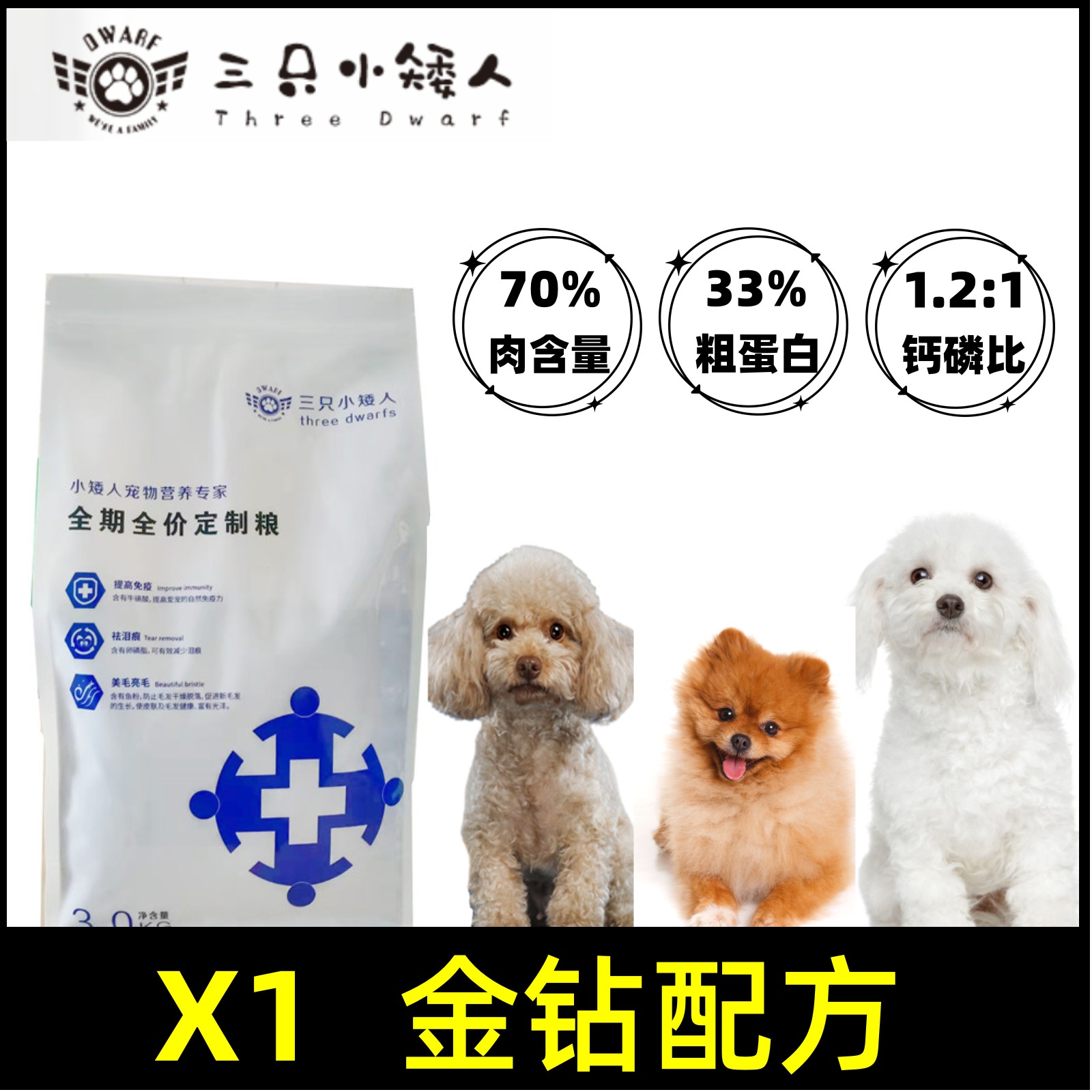 三只小矮人X1肉含量70粗蛋白33全期全价犬粮添加营养适用喂食狗粮