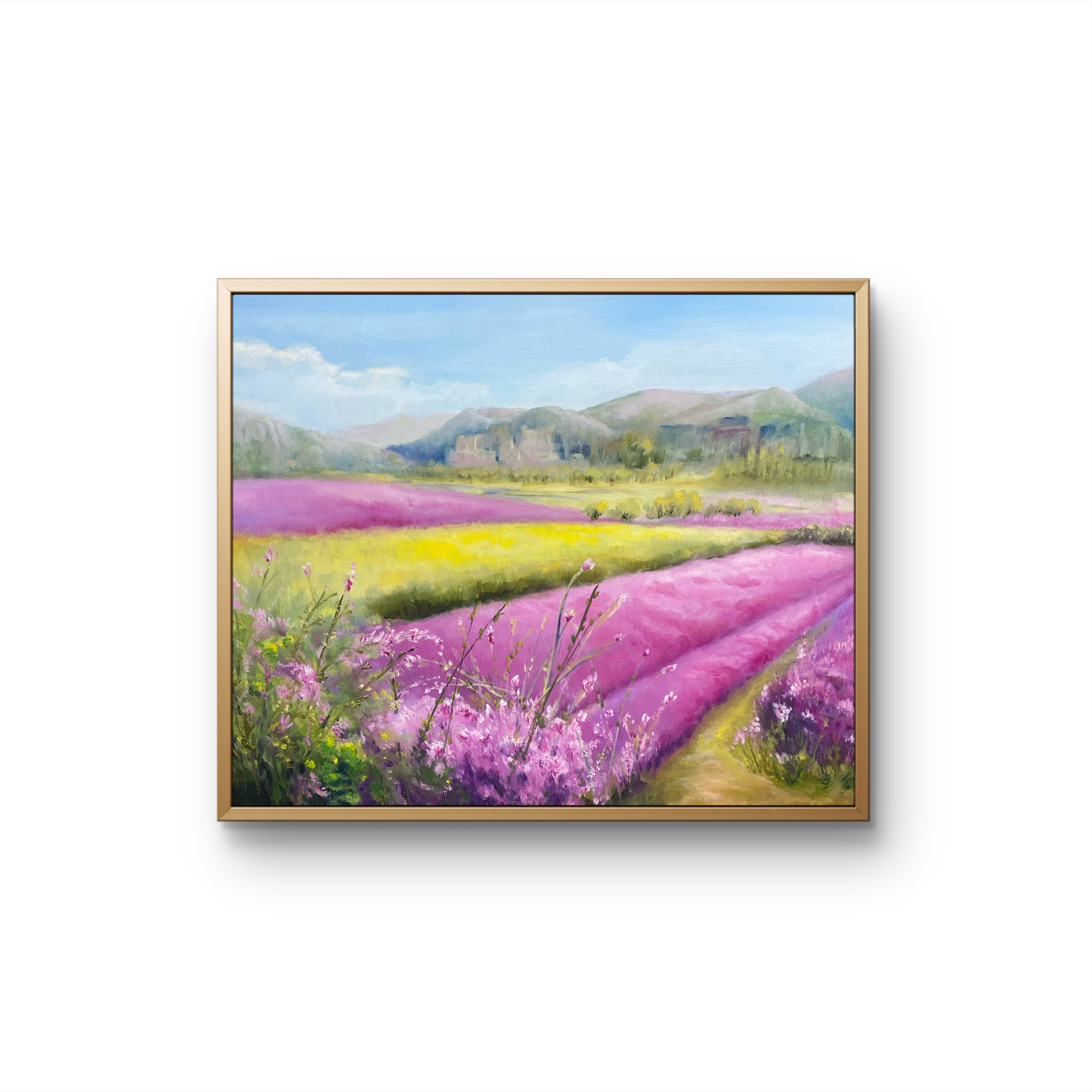 手绘油画《薰衣草花田》画面尺寸：100X80厘米 有内外框