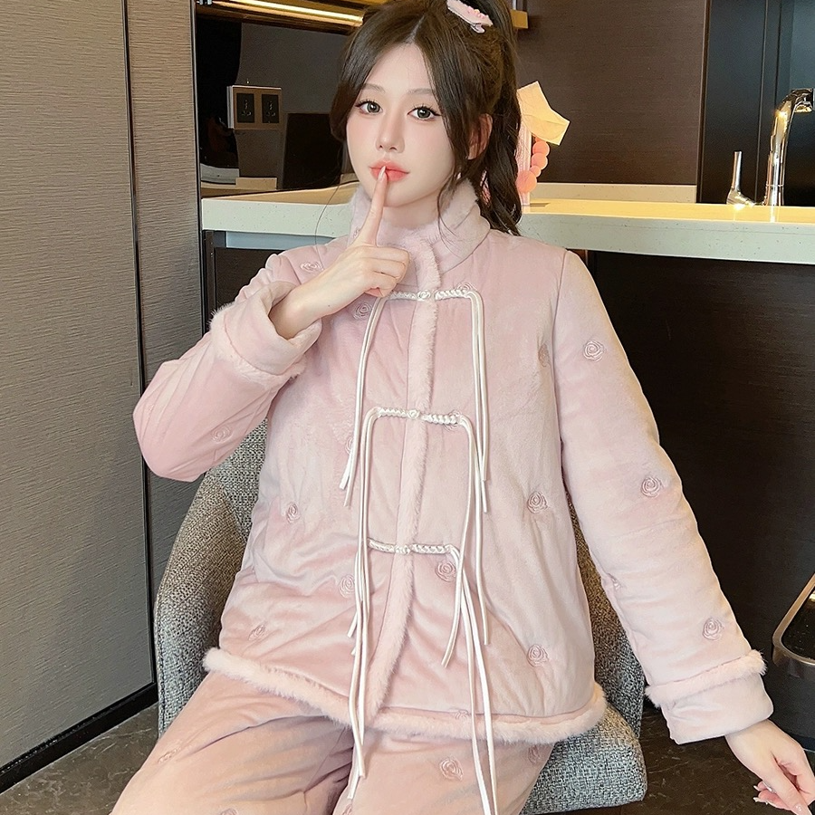 [清仓]大码秋冬季睡衣女夹棉中国风盘扣立领加绒加厚家居服可外穿