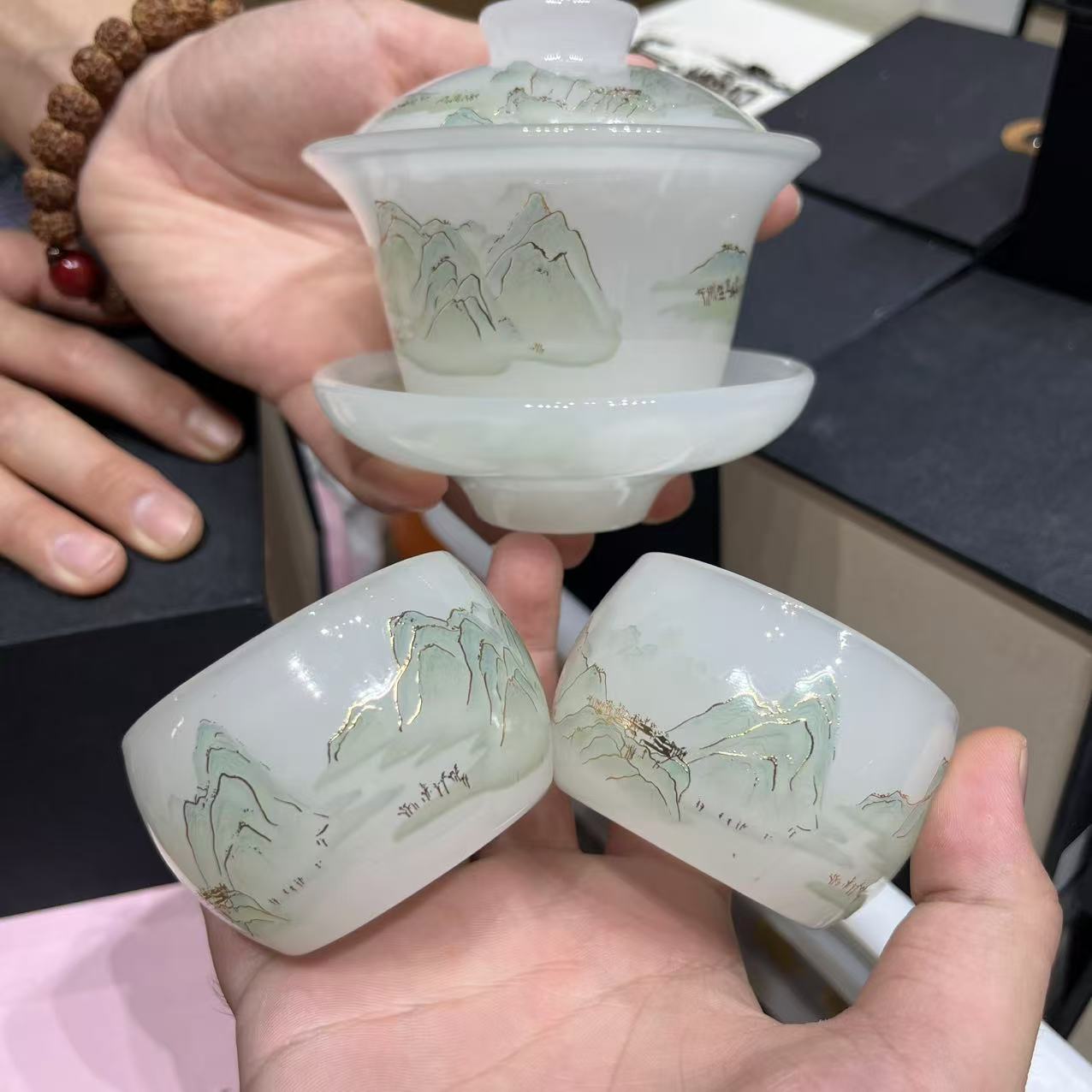 琉璃千里江山三才盖碗加俩杯  1651