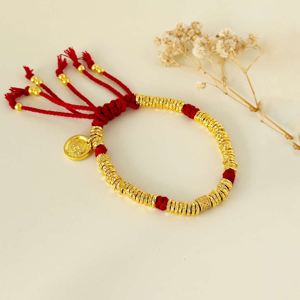 足银手链 贴金工艺足银999.9手工红绳黄财神吉言盘缠编绳民族风