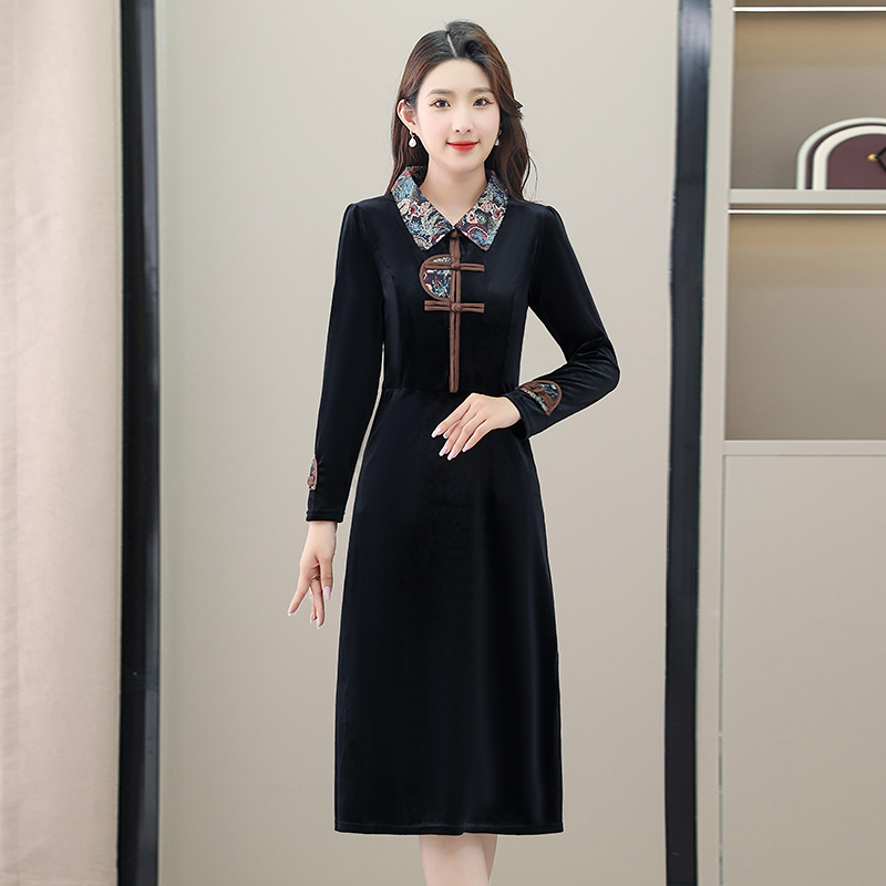 常熟新中式金丝绒复古女装气质连衣裙2024年春季新款高贵改良裙子