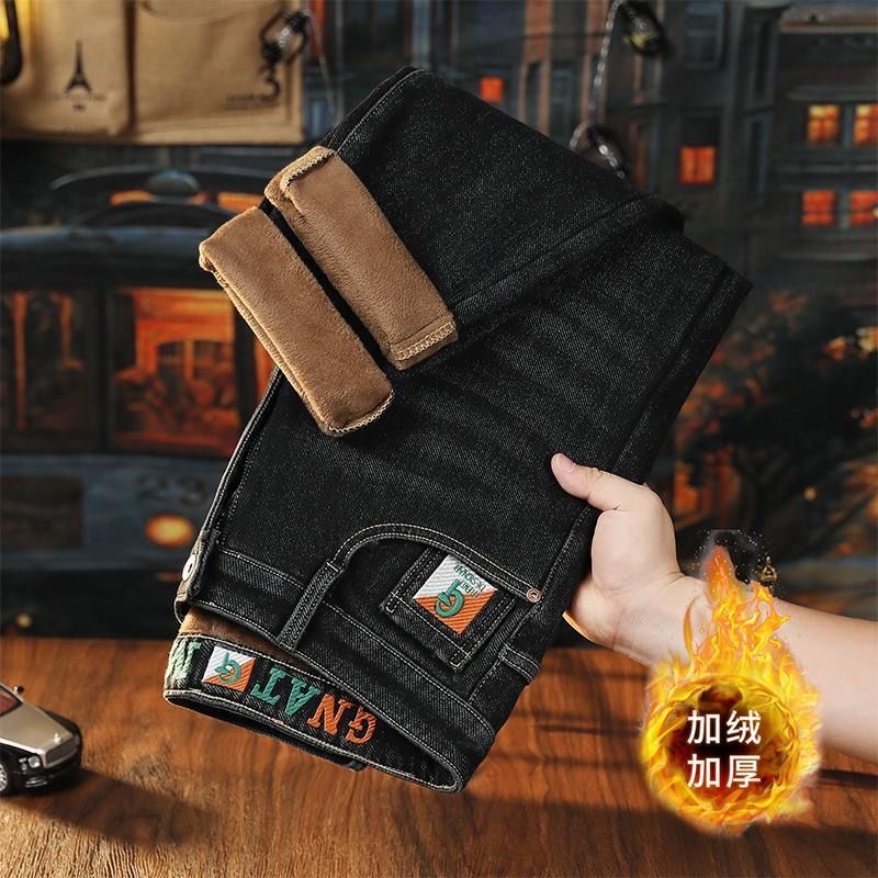 秋冬季新款男士牛仔裤加绒加厚弹力修身直筒刺绣潮流休闲长裤子男