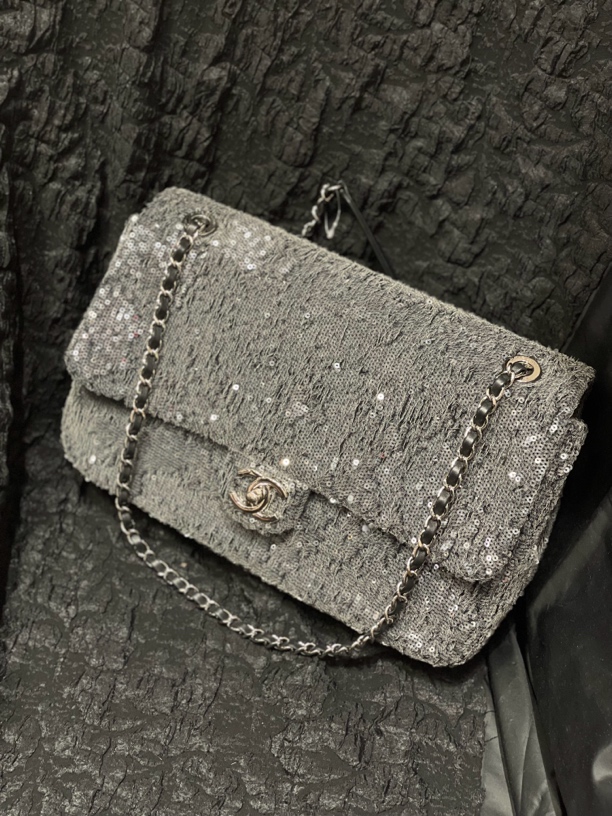 95新 Chanel/香奈儿 夏七中古/灰色亮片maxi/单肩包