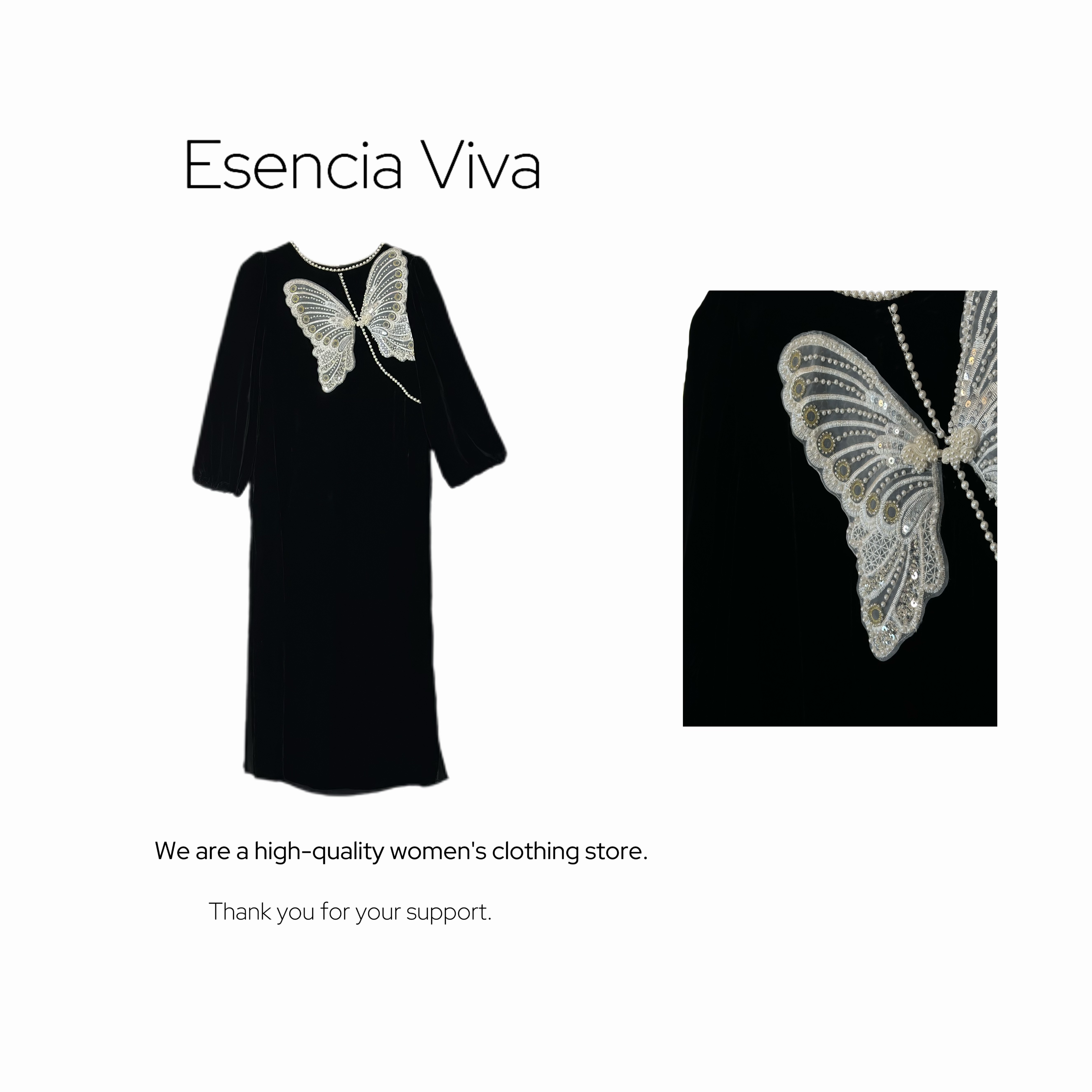 Esencia 现现【 琉璃时光】100%桑蚕丝重工蝴蝶珍珠连衣裙EVQZ0113