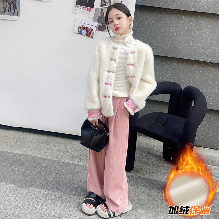 中式国潮盘扣加绒加厚套装年秋冬网红女童时尚宽松毛绒保暖秋冬季
