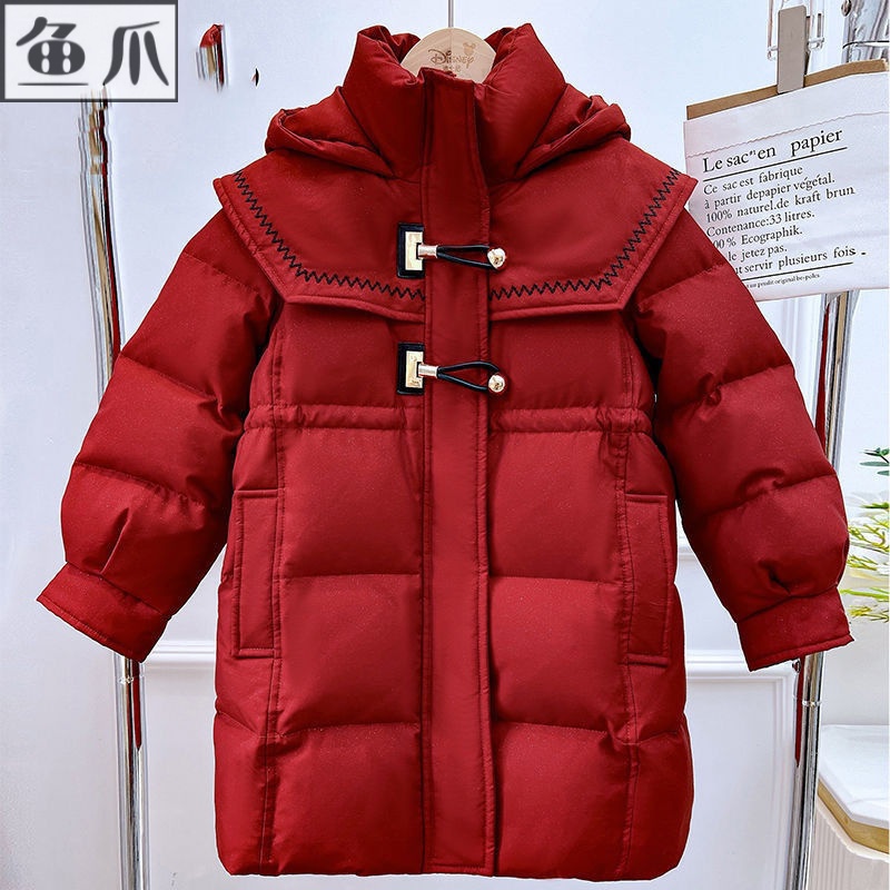 女童爆款棉衣冬季新款时髦洋气中长款休闲连帽加厚中时尚宝宝红色