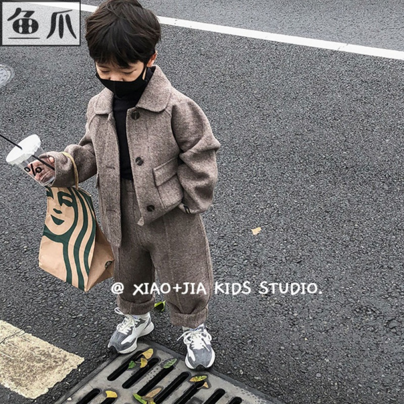 儿童小西装秋冬季英伦风休闲套装男女童呢大衣中长款男童洋气毛呢