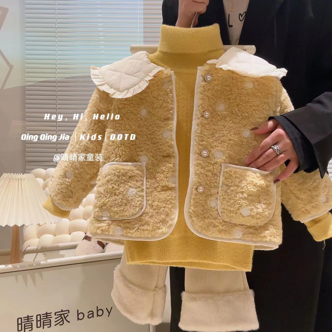 儿童秋冬新款外套女童气质翻领毛毛加厚保暖短款韩版外套23537稚