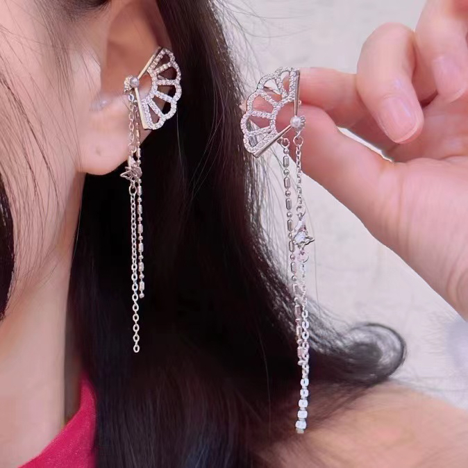 铜合金耳饰 超仙扇形流苏耳夹-9793