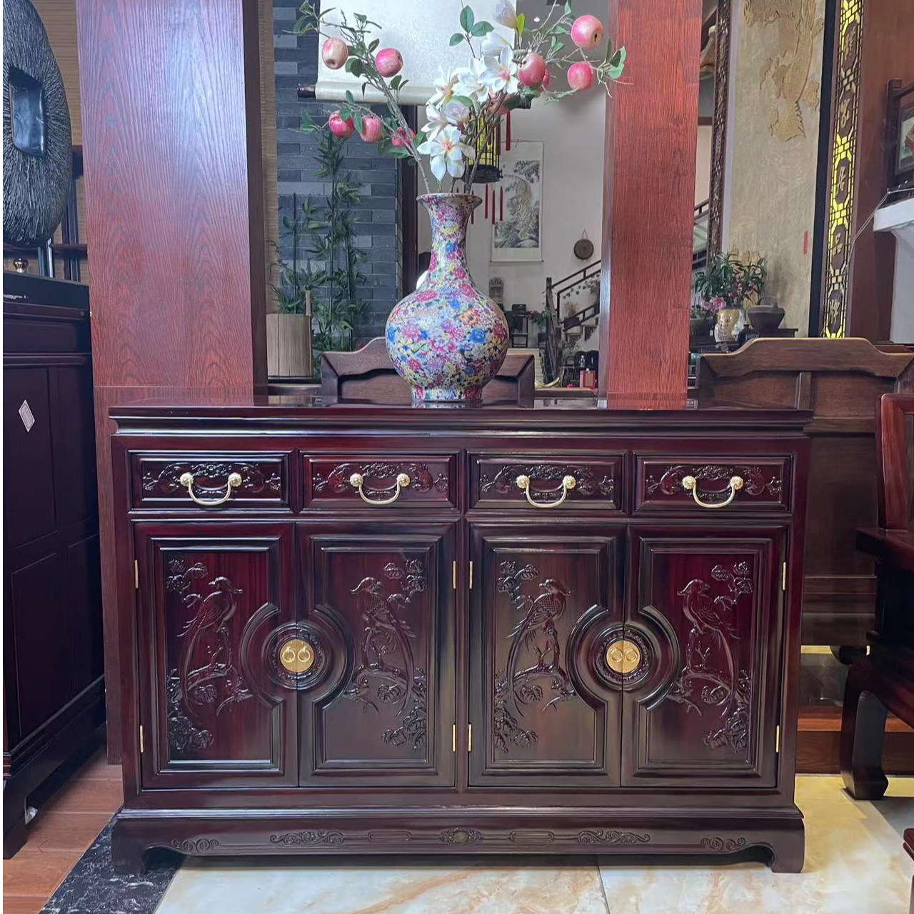 酸枝木 新古典 豪华花鸟餐边柜 尺寸：长126/146*宽42*高88