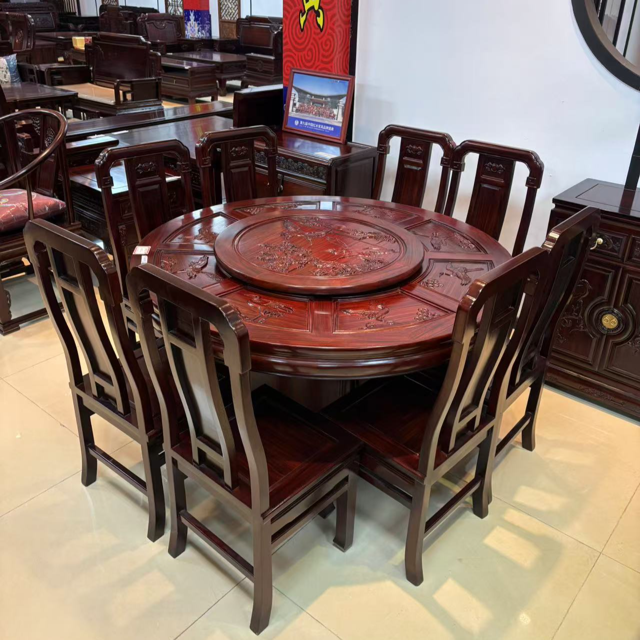 酸枝木 荷花/仙鹤/鱼虾/花鸟 圆桌 尺寸：1.28m/1.38m/1.58m