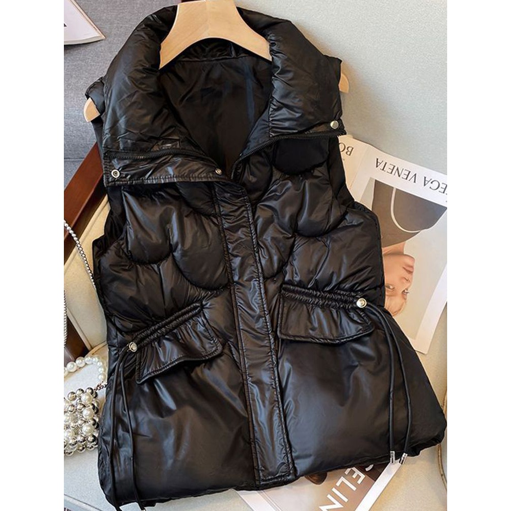 2023韩版免洗亮面丝绒棉马甲女短款宽松立领马夹秋冬外穿坎肩背心