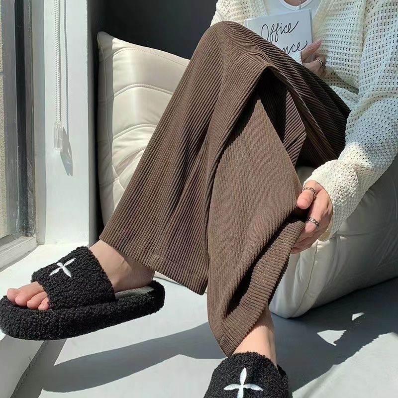 灯芯绒阔腿裤女秋冬高腰显瘦直筒小个子垂感拖地长裤咖色休闲裤子