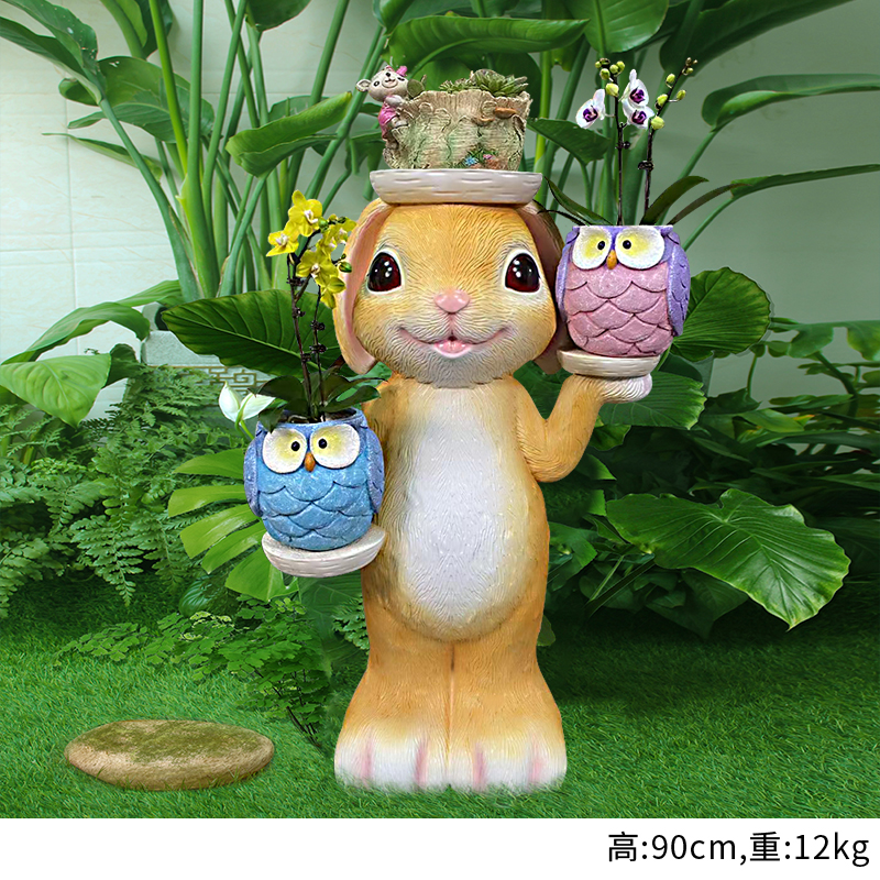 可爱兔子花架摆件树脂工艺品手工雕刻网红落地摆件家居搭配