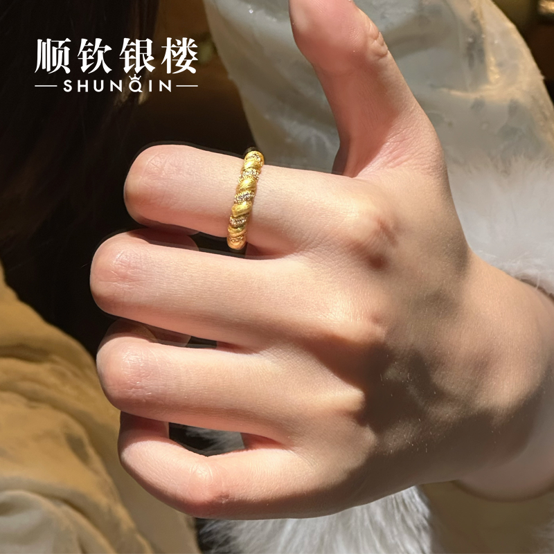 顺钦银楼 925银合成锆石戒指 【金刻羽戒指】S925银戒指时尚百搭