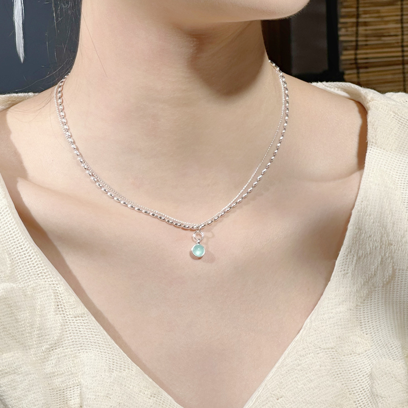 顺钦银楼 坠链均925银 【天青雨项链】双层项链小米珠银