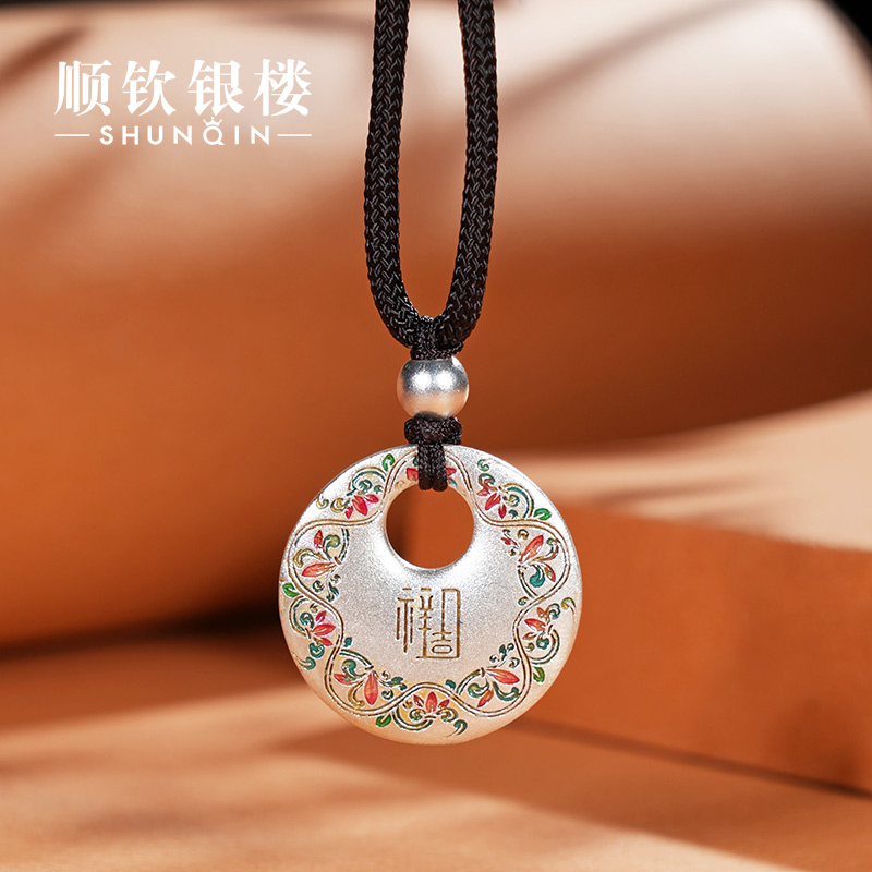 吊坠足银 【顺钦银楼】琳琅吊坠 9999足银实心珐琅工艺唐草纹项坠