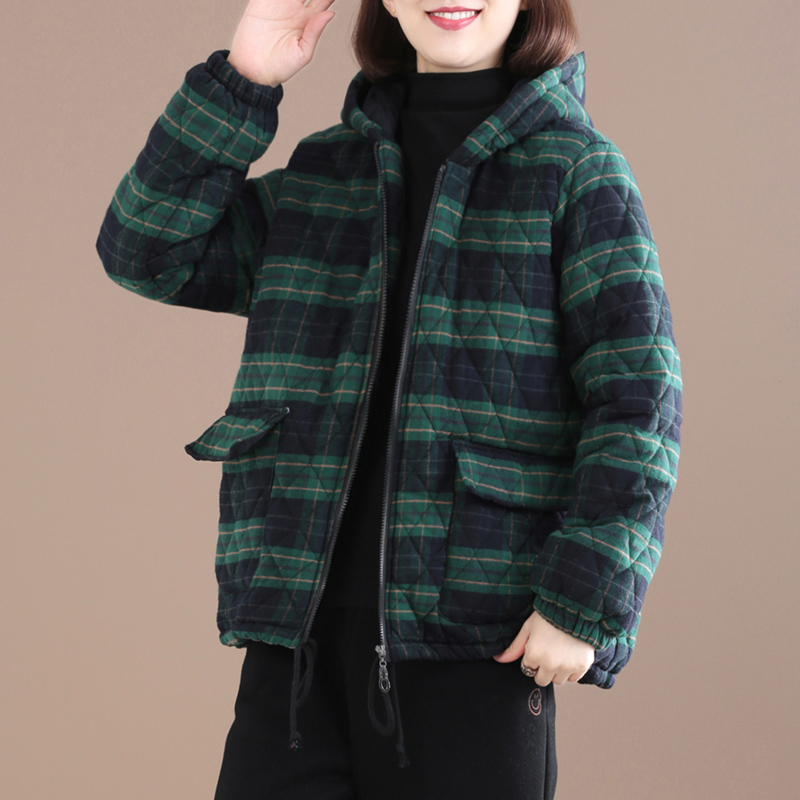 棉服女冬季新款上衣连帽外套秋冬款妈妈大码女装女士棉袄格子棉衣