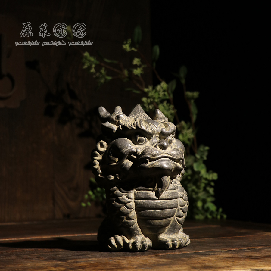原莱亦舍天然青石麒麟瑞兽整石雕刻中式民俗国风摆件禅意装饰品