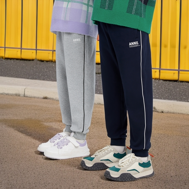 安奈儿男女童装针织运动单裤2025秋款宽松休闲束脚卫裤收口长裤