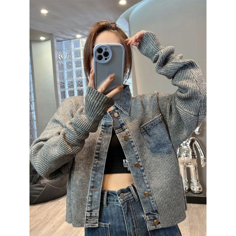 2023高贵潮流韩系秋冬2023新款针织高级感上衣拼接牛仔外套毛衣女