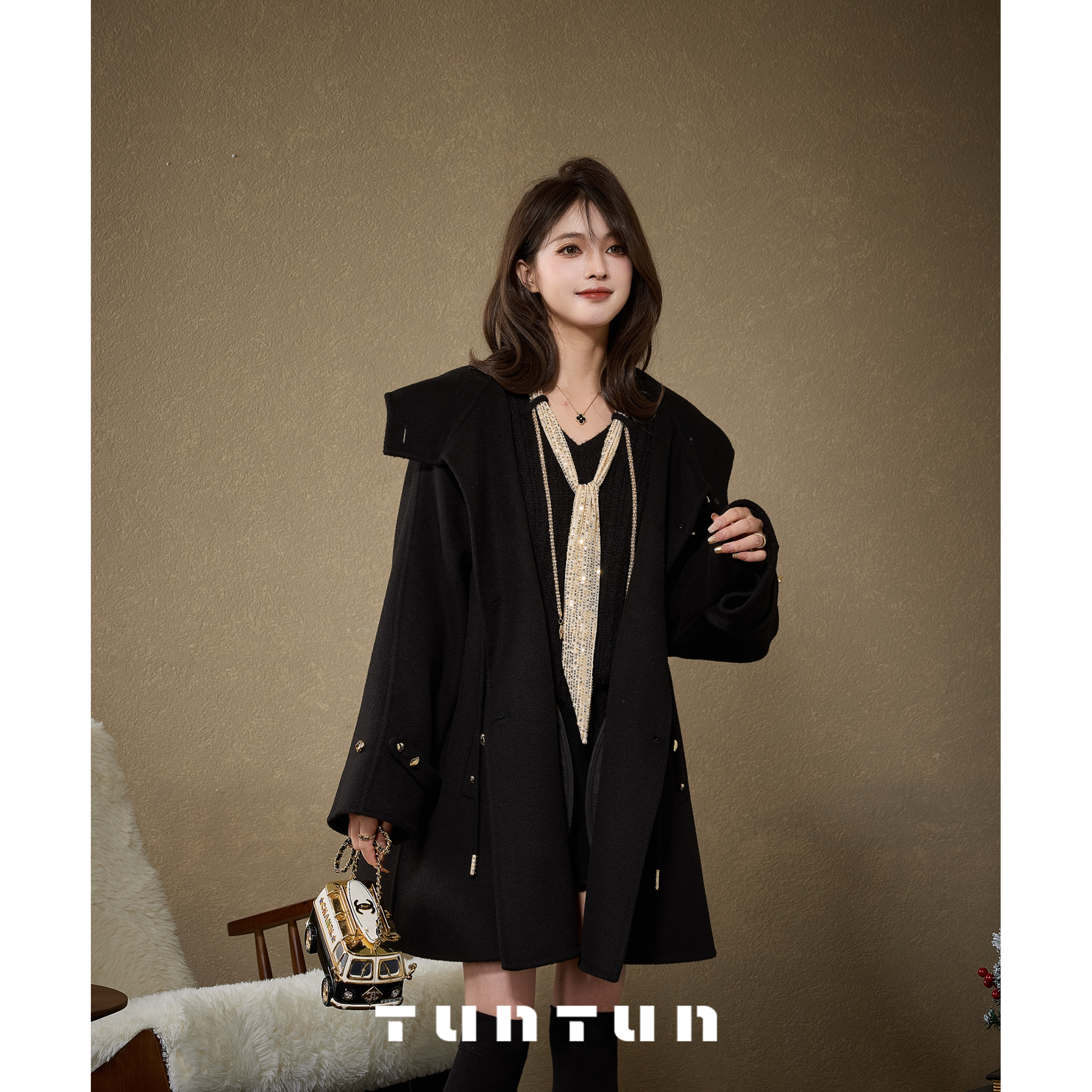 吞吞TUNT【魔女概论 黑色】精致牛角扣斗篷双面呢大衣