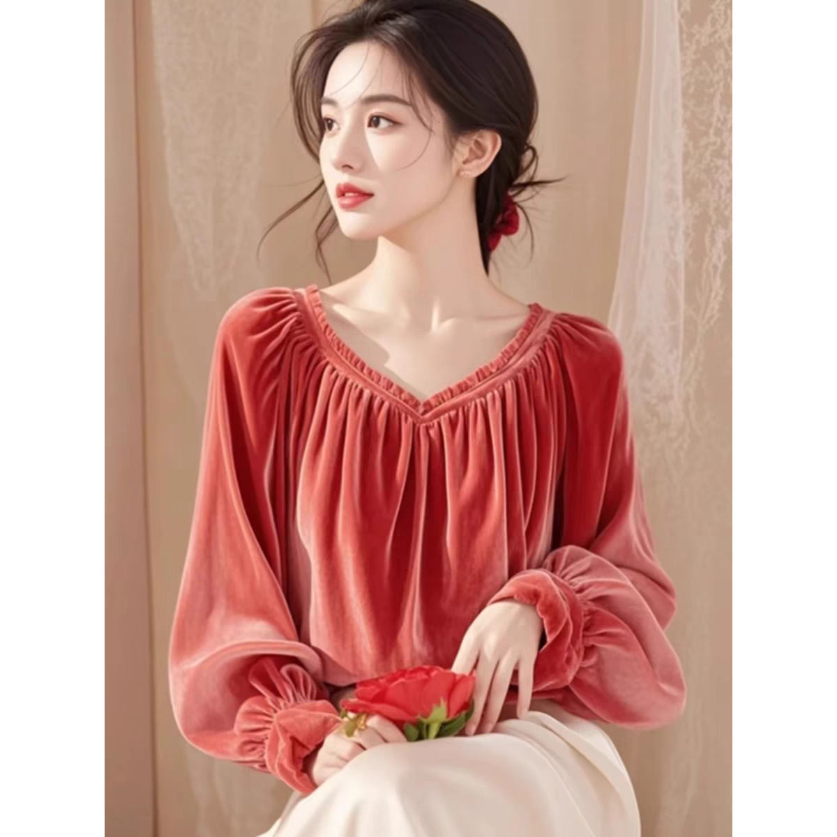 早秋新款洋气高端独特别致漂亮小衫轻奢高级感超好看红色丝绒衬衫