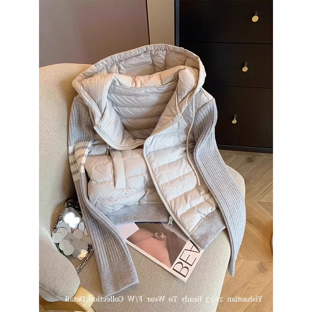 南油高货清仓捡漏！拼接针织抽绳连帽棉服女秋冬百搭轻薄夹棉外套