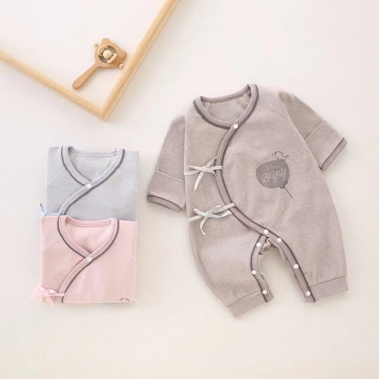 新生婴儿四季款初生婴儿纯棉连体衣A类无骨双层护肚蝴蝶衣