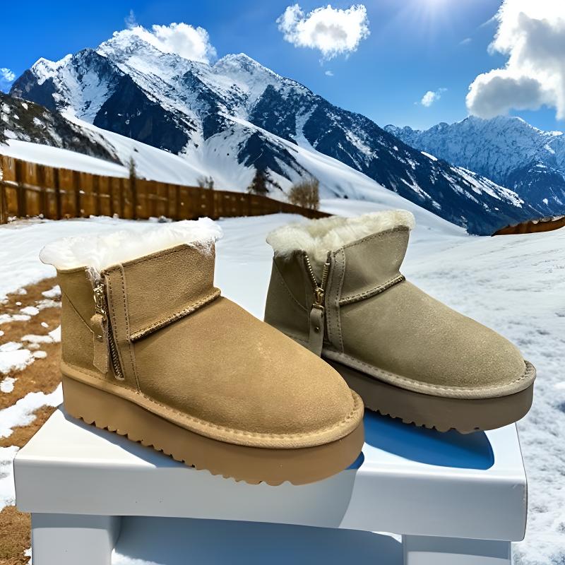 女款雪地棉冬季防寒保暖牛皮真毛厚底个性百搭款拉链款