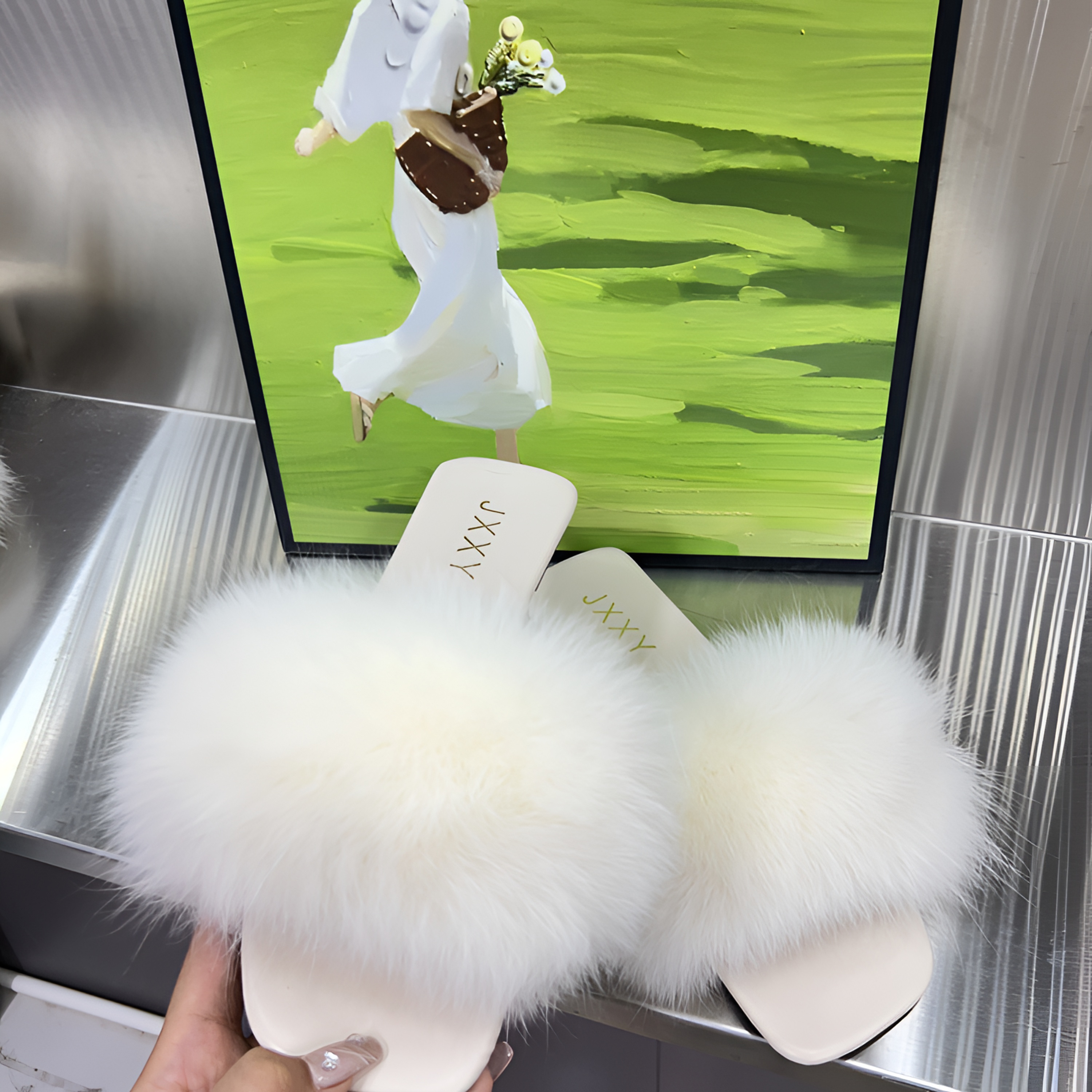 狐狸毛一字带毛毛平底鞋女拼色方头细跟2025春夏新款甜美名媛拖鞋