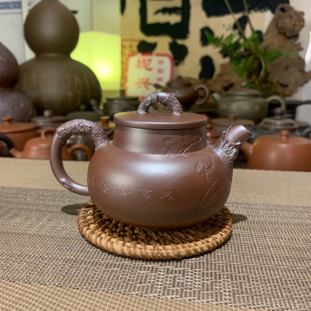 大易古陶 高温烧制坭兴陶180cc仿生松桩高端精品茶壶茶器媲美紫砂
