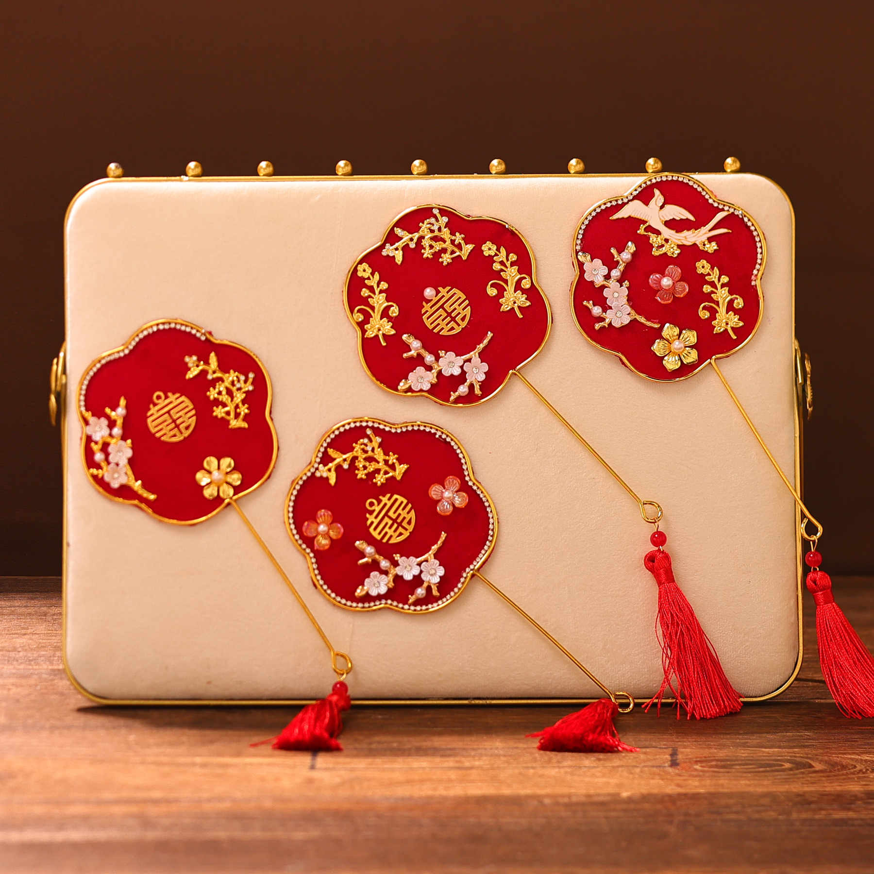 新娘秀禾晨袍迷你小扇子新中式敬酒服小团扇古风手持婚礼