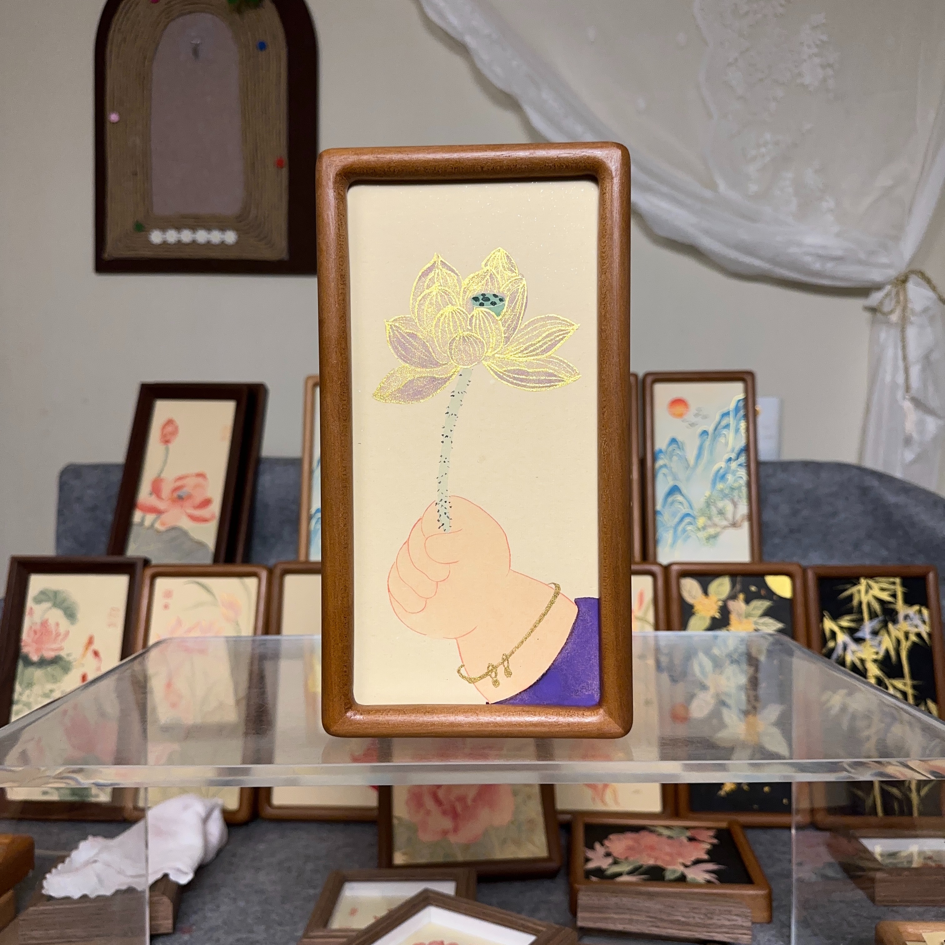 《佛手荷花》短长条摆台相框装饰挂画艺术