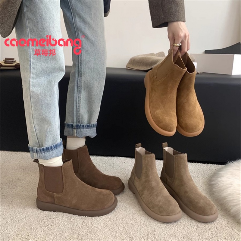 真皮百搭加绒磨砂厚时尚靴短筒单靴女秋冬厚底软底勃肯鞋马丁短靴