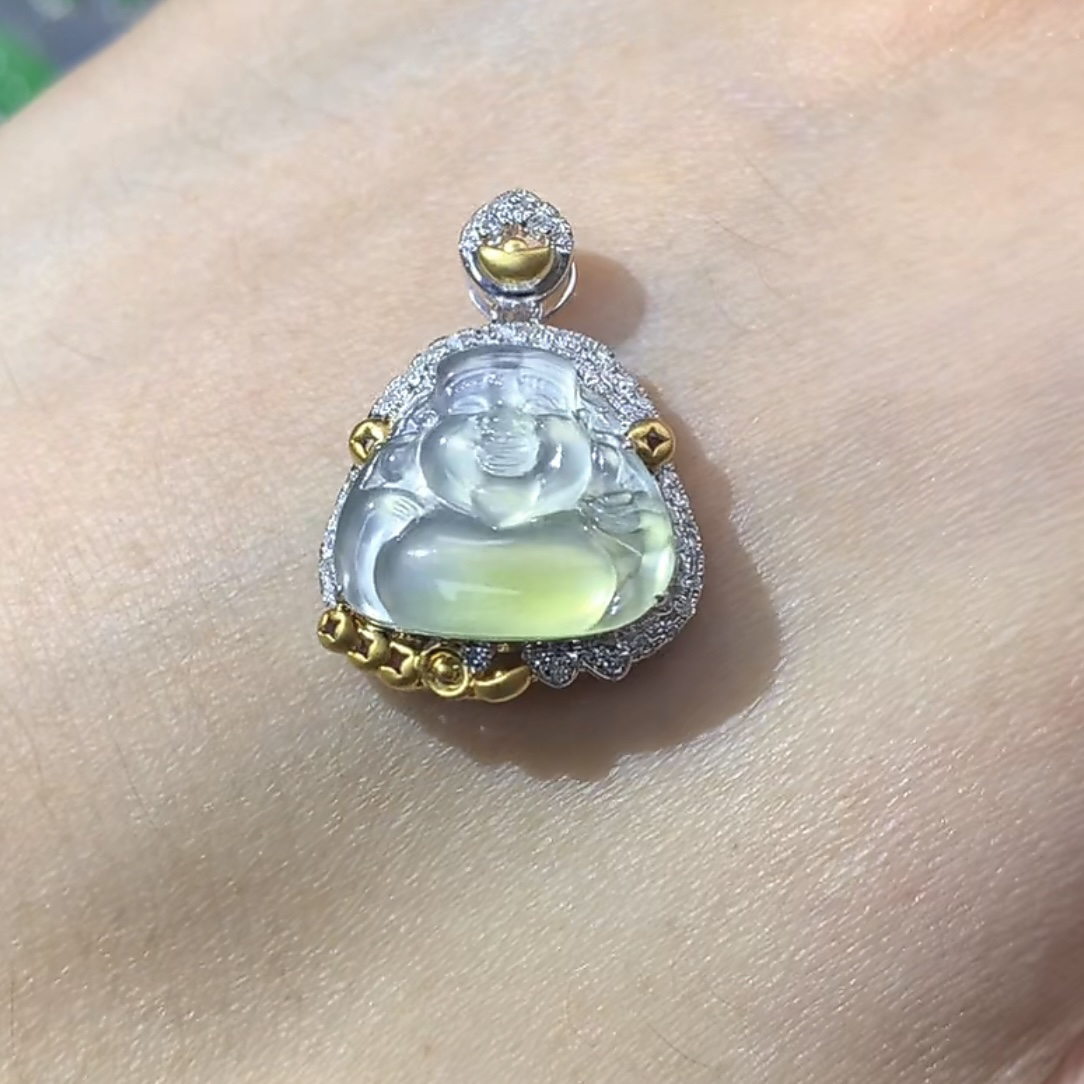 缅甸天然a货翡翠高冰炸光黄翡财爷爷