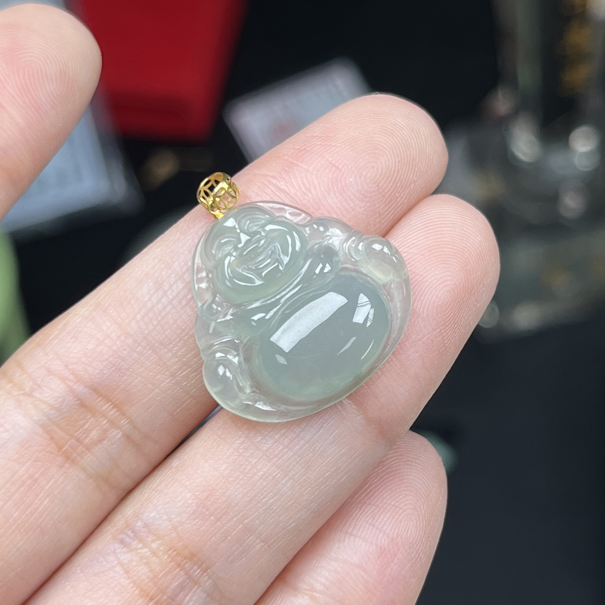 于于珠宝-天然A货缅甸翡翠冰种佛公玉石吊坠尺寸：20.5×21.6×4.7mm