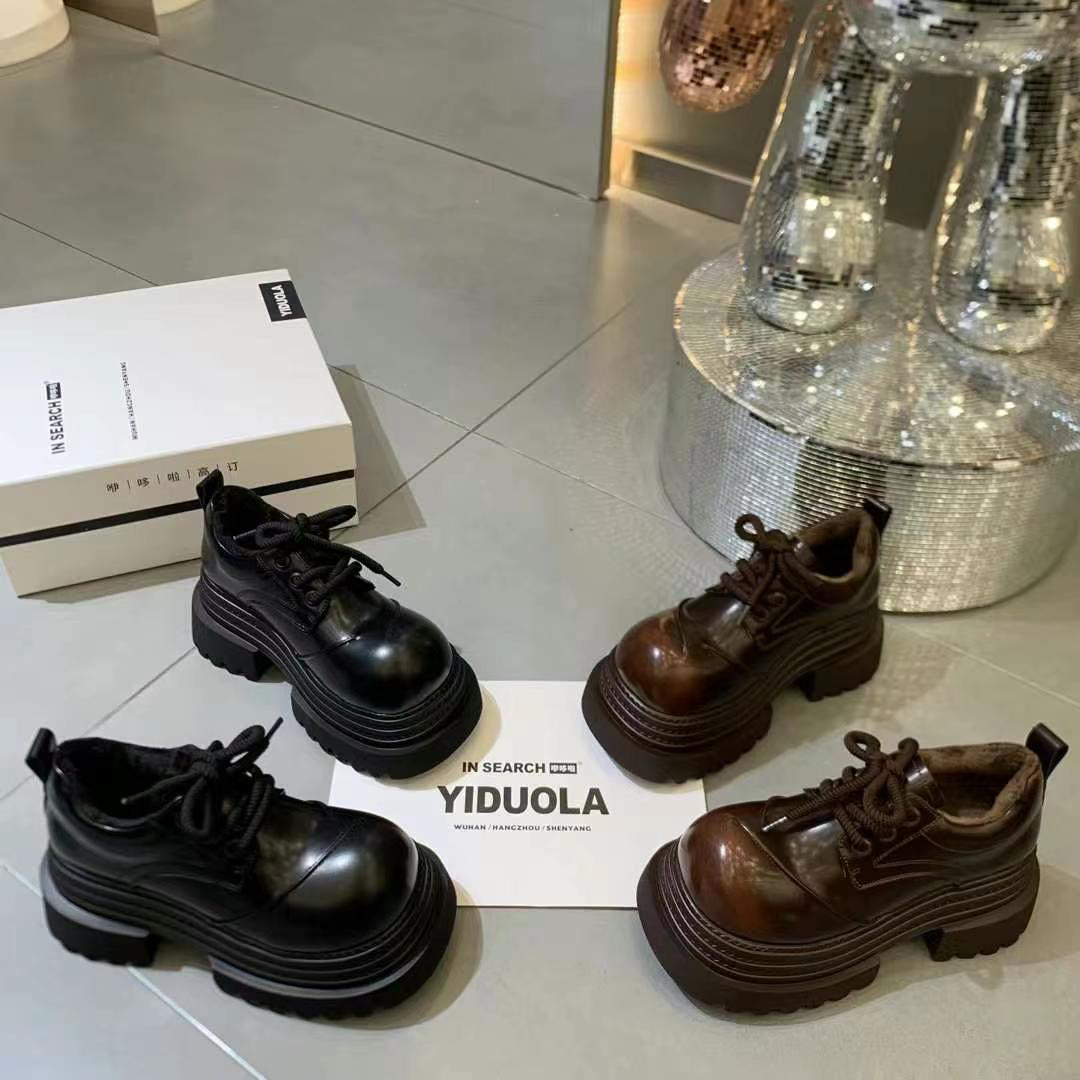 欧货设计师款个性鞋底高级大头厚底增高鞋2024新款加绒系带乐福鞋