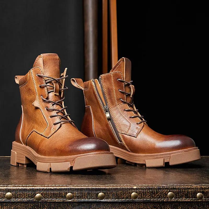 2023秋冬新款厚底短靴中帮复古机车手工牛皮靴子潮流英伦马丁靴男