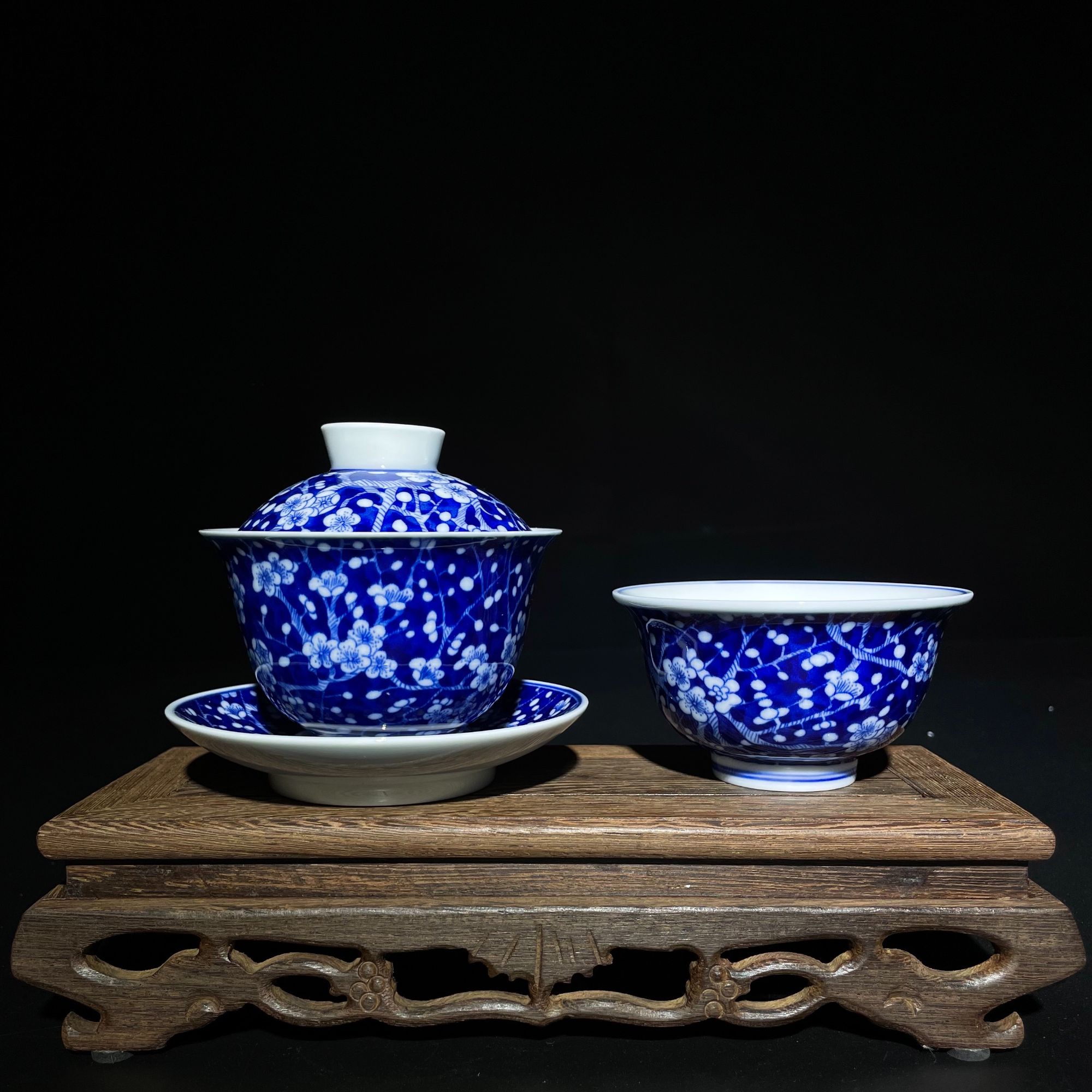 仿古青花釉下彩中式高温陶瓷冰梅三才盖碗压手杯