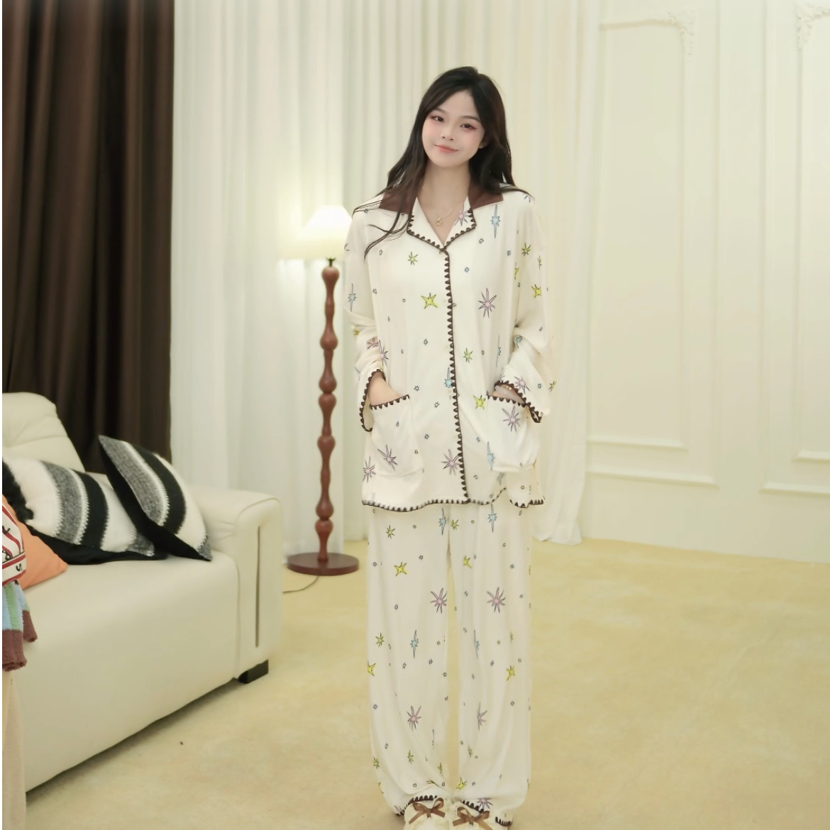 2024年新款浪漫星星德绒长袖睡衣女款休闲家居服秋款