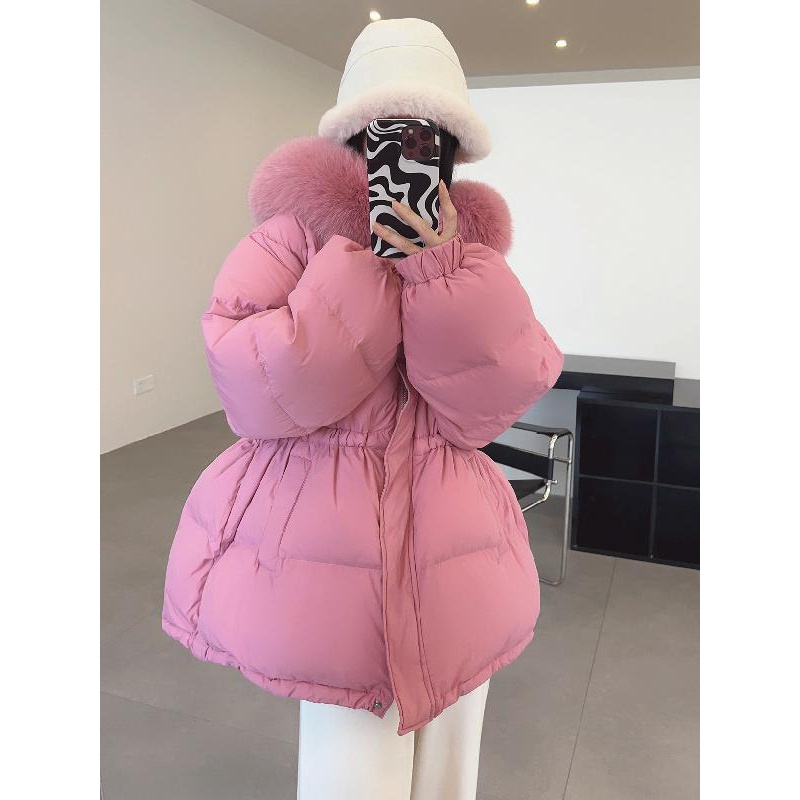 90白鸭绒银狐狸毛领抽绳连帽雾面羽绒服女秋冬新款中长款收腰外套