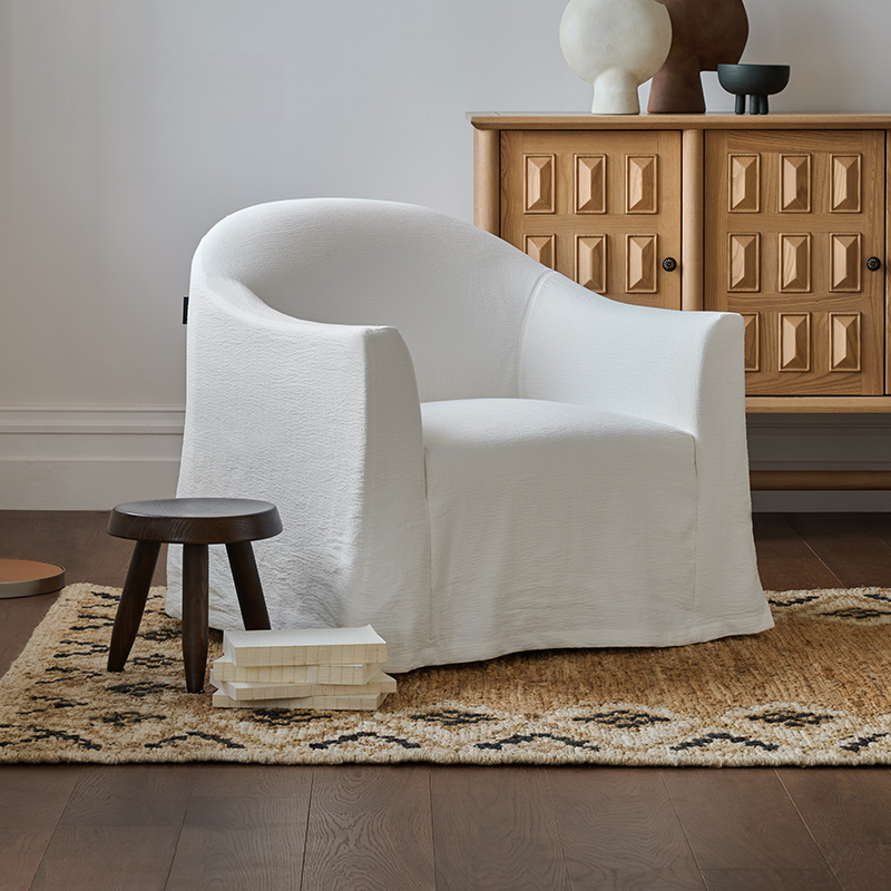 库里南家居米白色扶摇单人沙发 奶油风简约现代可拆洗亚麻休闲椅